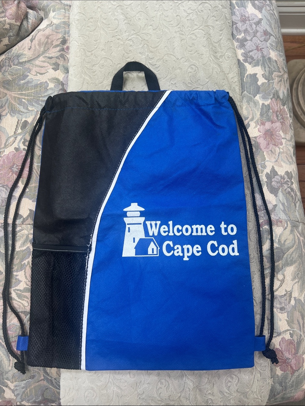 Welcome to Cape Cod Blue and Black Drawstring Backpack
